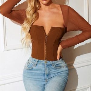 PARTHEA Boning Hook and Eye Placket Front Mesh Spliced Crop Top